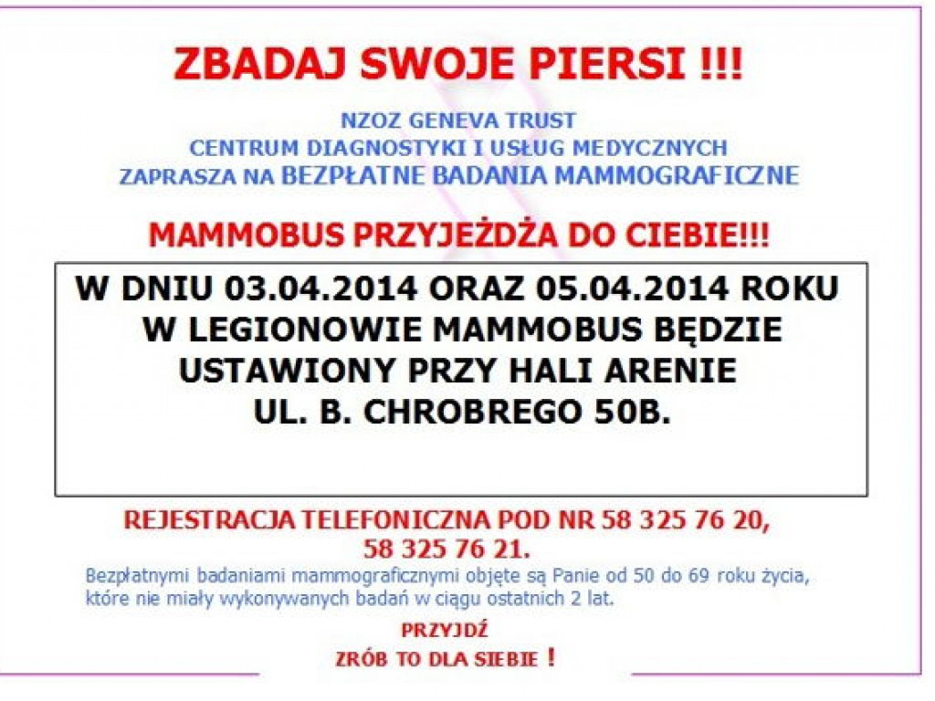 Legionowo: W marcu i kwietniu kolejne bezpłatne badania mammograficzne