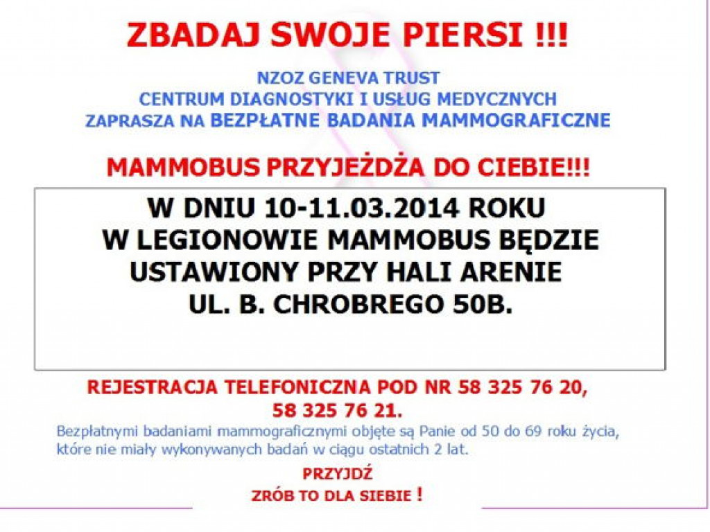 Legionowo: W marcu i kwietniu kolejne bezpłatne badania mammograficzne