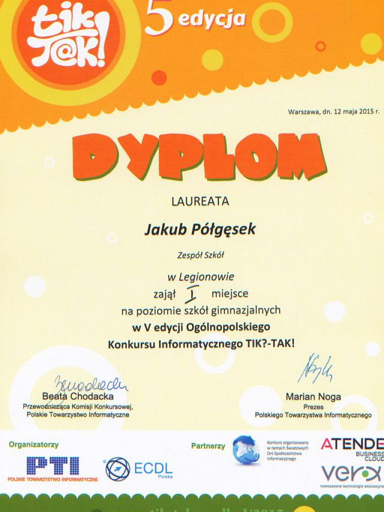 Wielki sukces informatyczny ucznia Gimnazjum nr 4 im. Aleksandra Kamińskiego