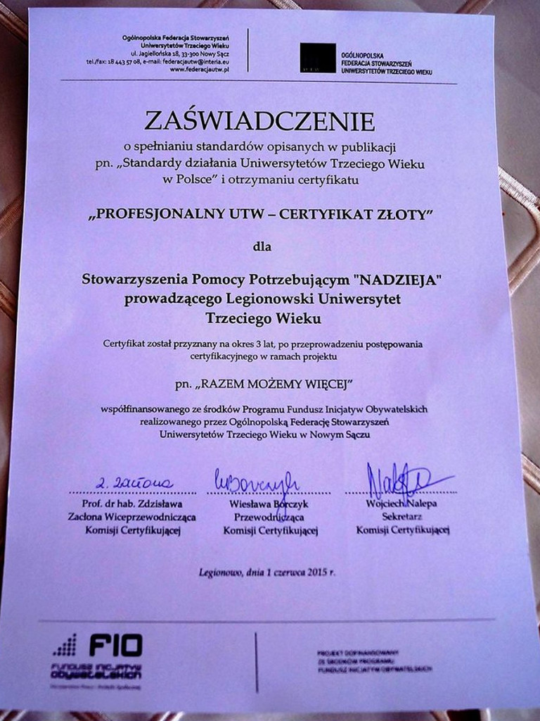 Legionowo: Złoty certyfikat dla Uniwersytetu Trzeciego Wieku