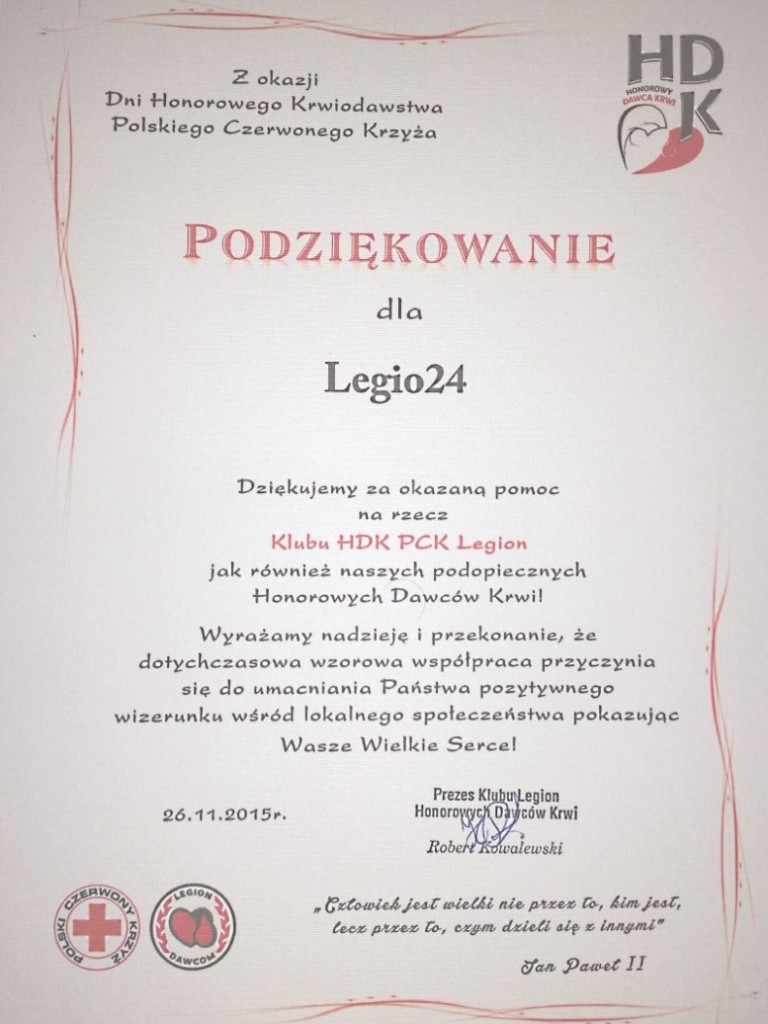 Legionowo: Uczcili Dni Honorowego Krwiodawstwa PCK