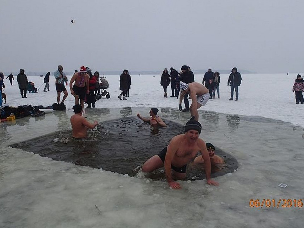 Kąpiel morsów w Zalewie Zegrzyńskim. Nietypowy przerębel w kształcie... serca