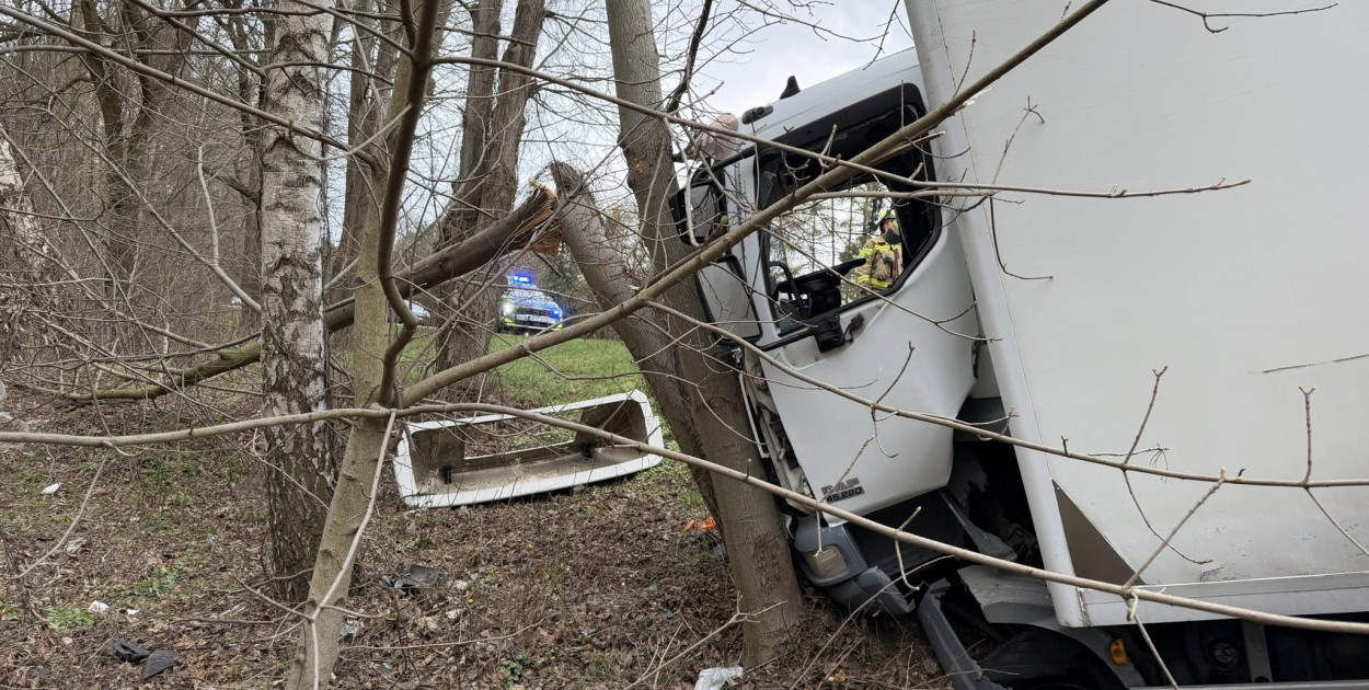 Na DW631 w Nieporęcie ciężarówka uderzyła w drzewo
