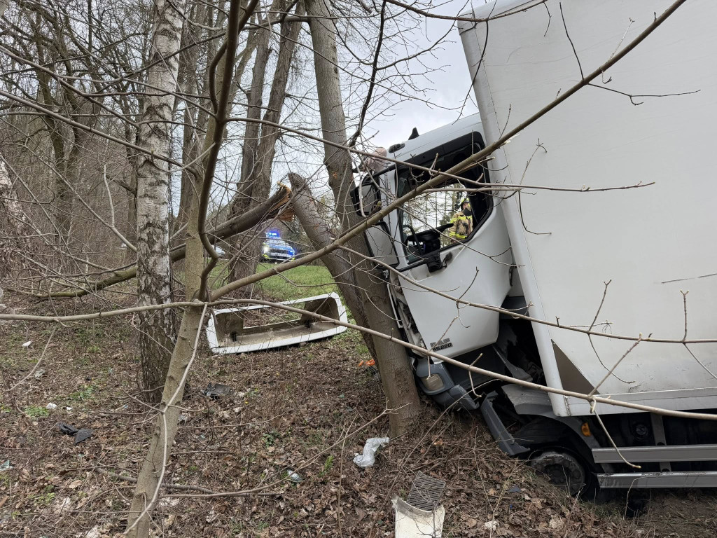 Na DW631 w Nieporęcie ciężarówka uderzyła w drzewo