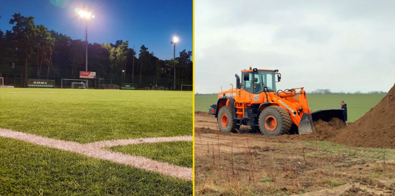 W Jadwisinie powstaje nowe boisko. Fot. poglądowe z lewej - arch. Legio24.pl / z prawej UMiG Serock - prace ziemne przy budowie boiska.