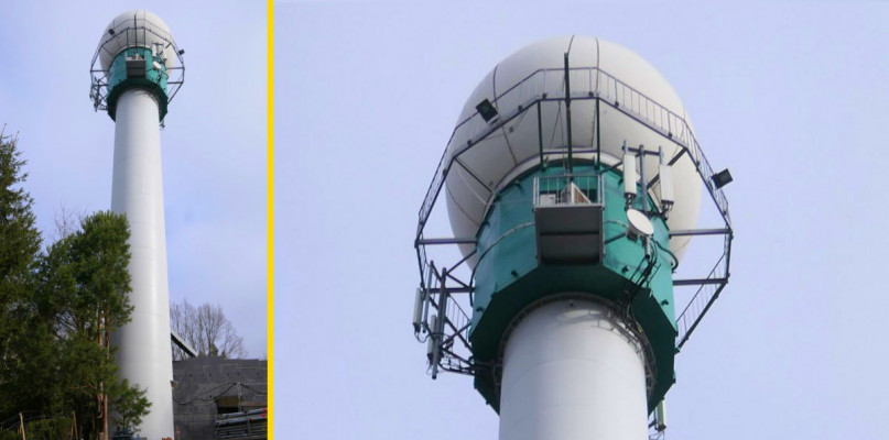 Wieża radaru w Legionowie po malowaniu, kwiecień 2022. Fot. Instytut Meteorologii i Gospodarki Wodnej - IMGW PIB / facebook
