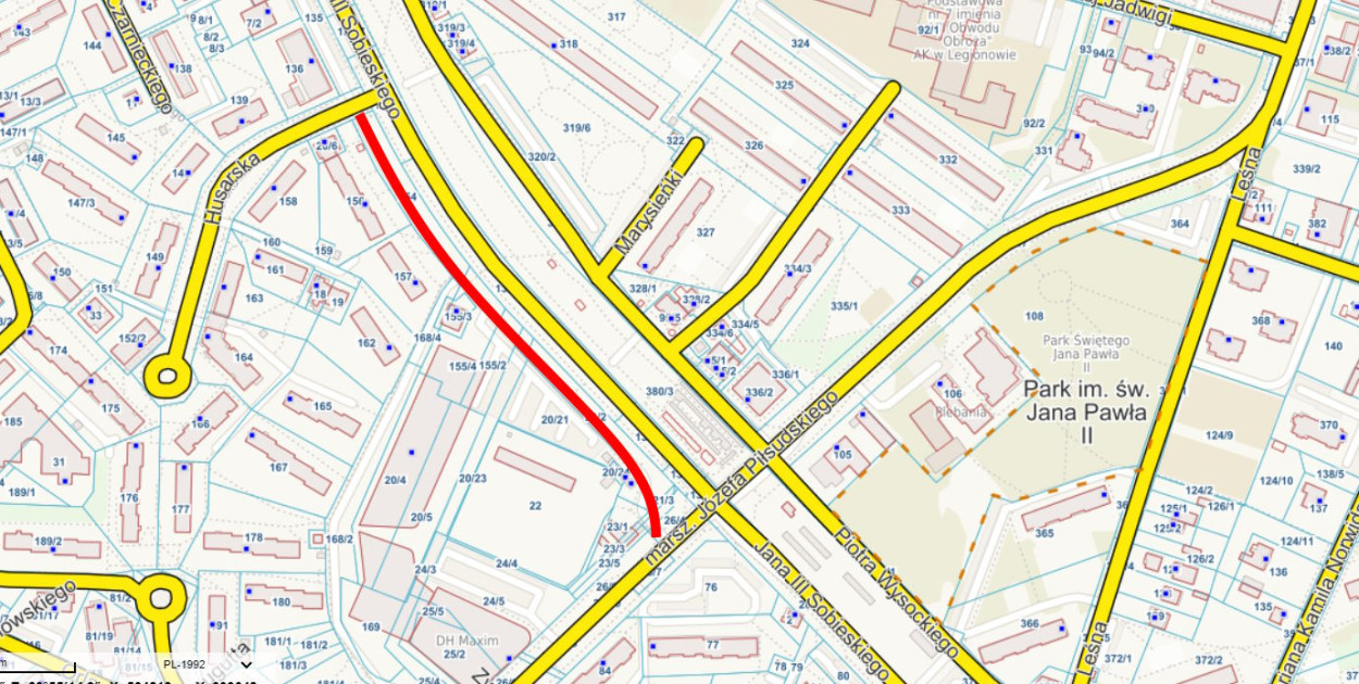 Kolorem czerwonym oznaczono fragment ulicy do remontu. Mapa: UM Legionowo / modyfikacja Legio24.pl
