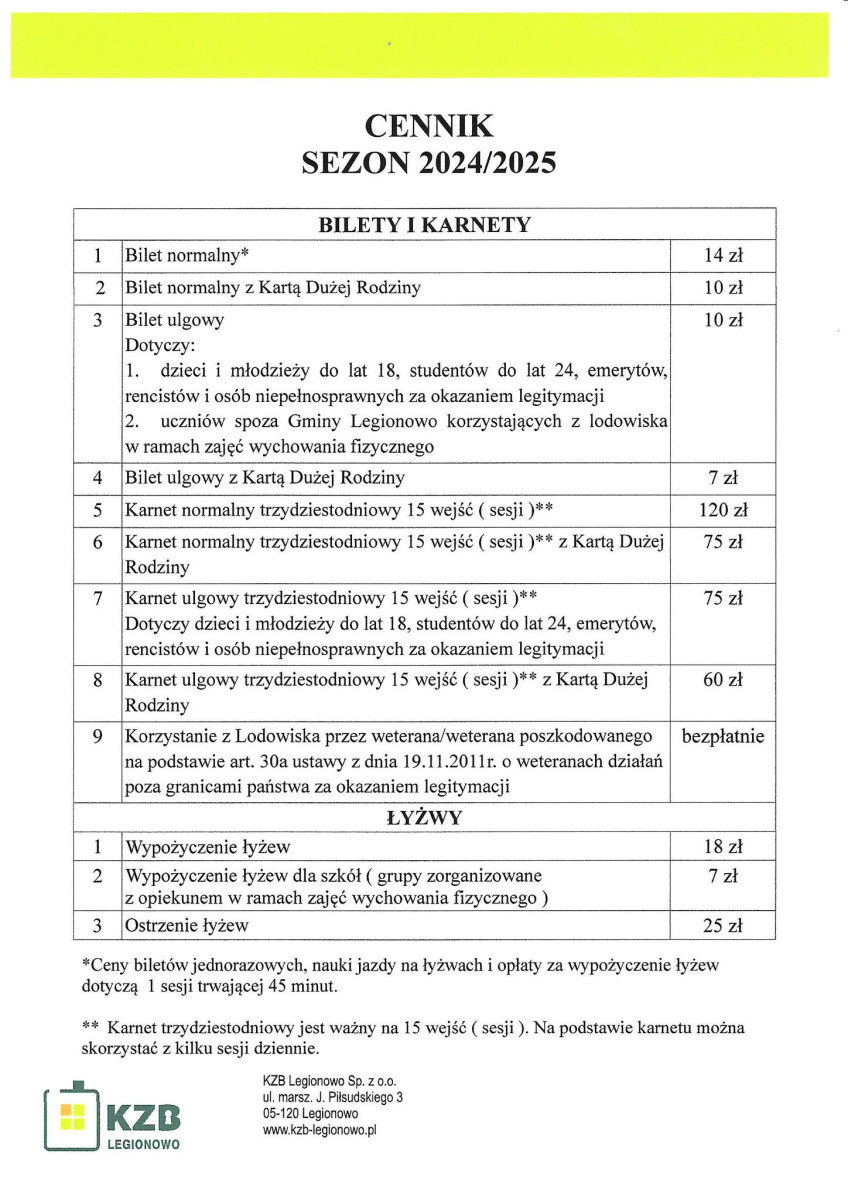 Cennik lodowiska w Legionowie