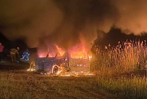 Pożar samochodu w Górze. Ogień przeniósł się na pobliskie zarośla
